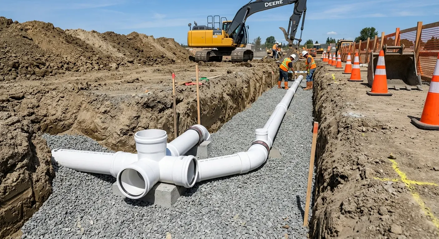 New PVC sewer pipe installation in open trench for Commercial Drain Cleaning in Orting