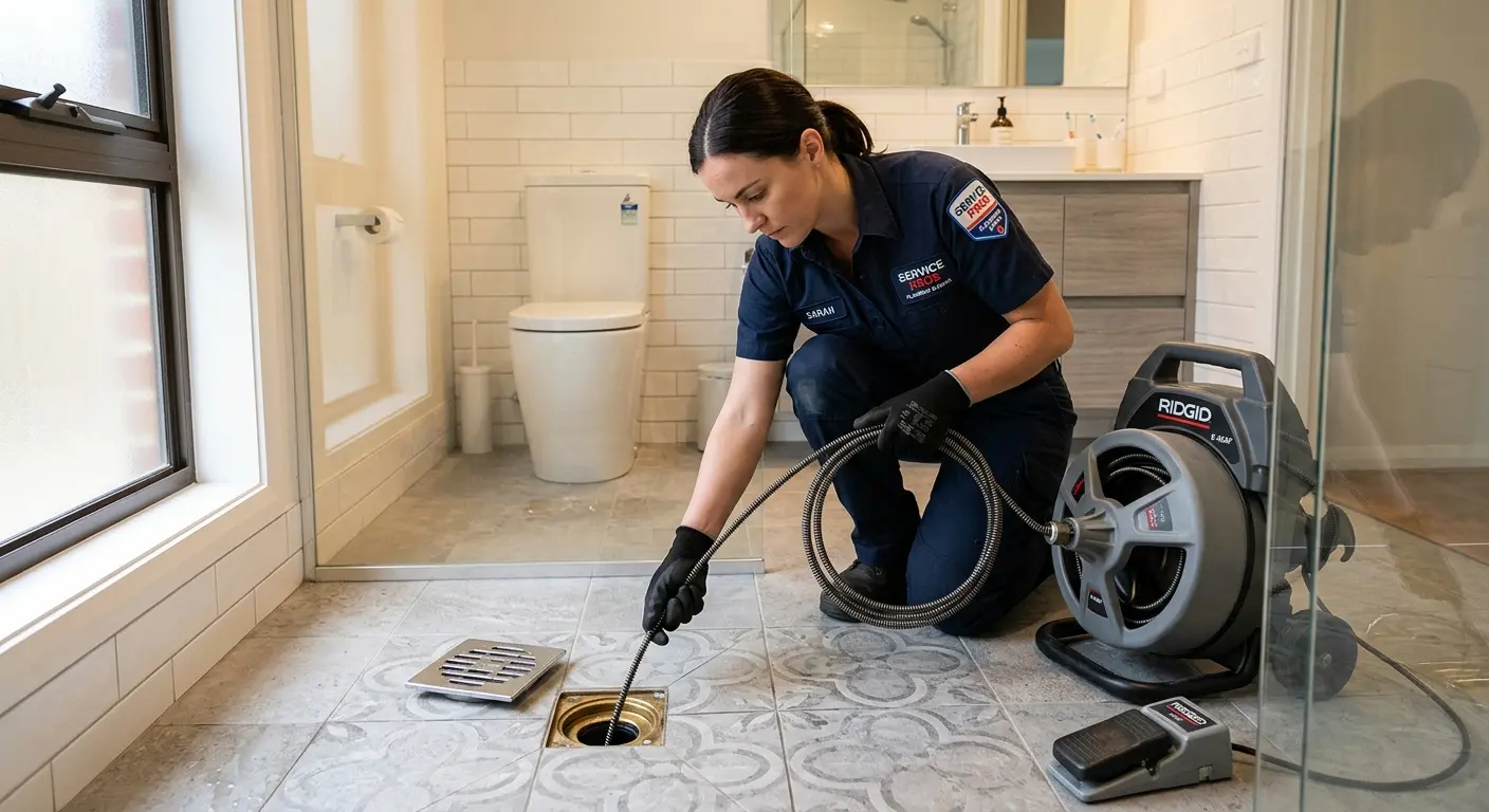 Technician clearing a bathroom floor drain for Clogged Drain Repair in Orting